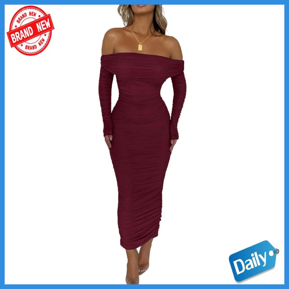 Off Shoulder Maxi Dress Long Sleeve Bodycon Ruched Slit Formal